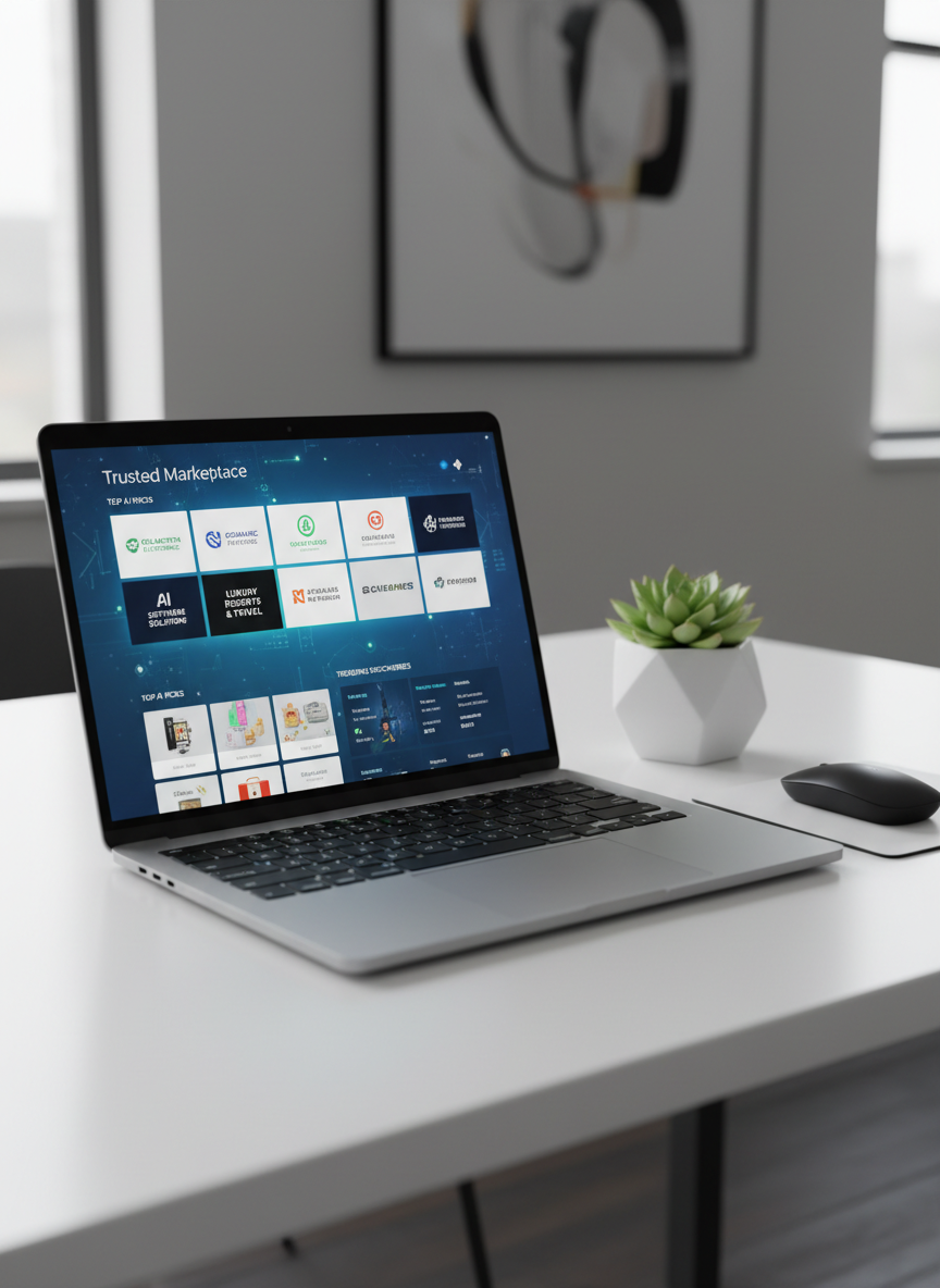 A sleek digital marketplace dashboard displayed on an ultra-thin, silver laptop with a crisp, high-resolution screen showing neatly organized tiles of trusted brands, products, and services. The laptop rests on a matte white desk alongside a minimal black wireless mouse and a small geometric planter with a green succulent. Soft daylight from an unseen window washes across the surface, creating gentle reflections on the laptop body and subtle shadows under the objects. Photographic realism with a clean, modern aesthetic, shot from a slightly elevated angle with shallow depth of field so the interface is sharp while the background fades into a soft blur. The mood is professional, organized, and quietly innovative, conveying confidence in AI-powered discovery.
