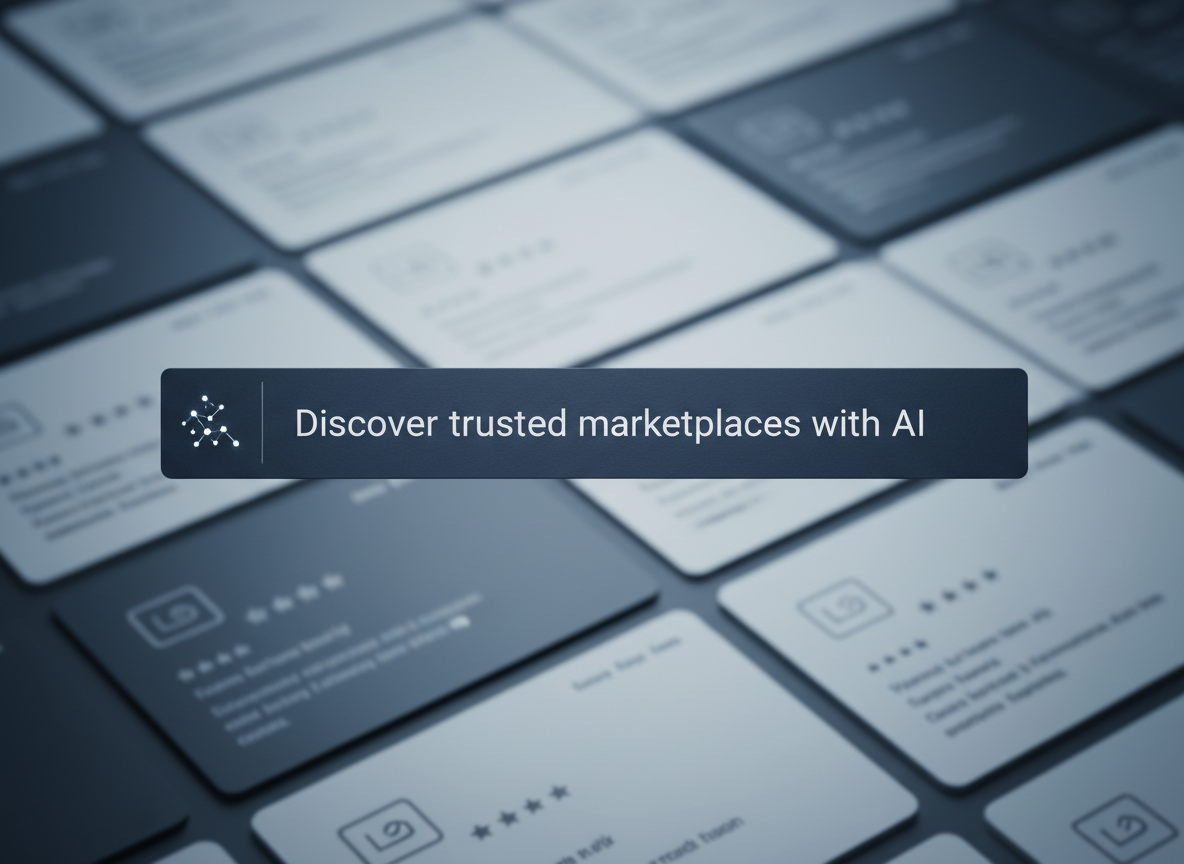 A close-up of a dark slate-blue search bar interface floating on a softly blurred background of layered website cards, each card showing clean blocks for logos, ratings, and short descriptions. The search bar contains a subtle AI sparkle icon and a placeholder phrase about discovering trusted marketplaces. Cool, diffused studio lighting highlights the gentle texture of the UI elements and creates delicate shadows along the card edges, enhancing depth. Shot from a straight-on, eye-level perspective, the photographic composition uses shallow depth of field to keep the search bar razor-sharp while the cards dissolve into a creamy bokeh. The mood is focused, efficient, and professional, representing AI-powered discovery and SEO visibility in a refined digital space.
