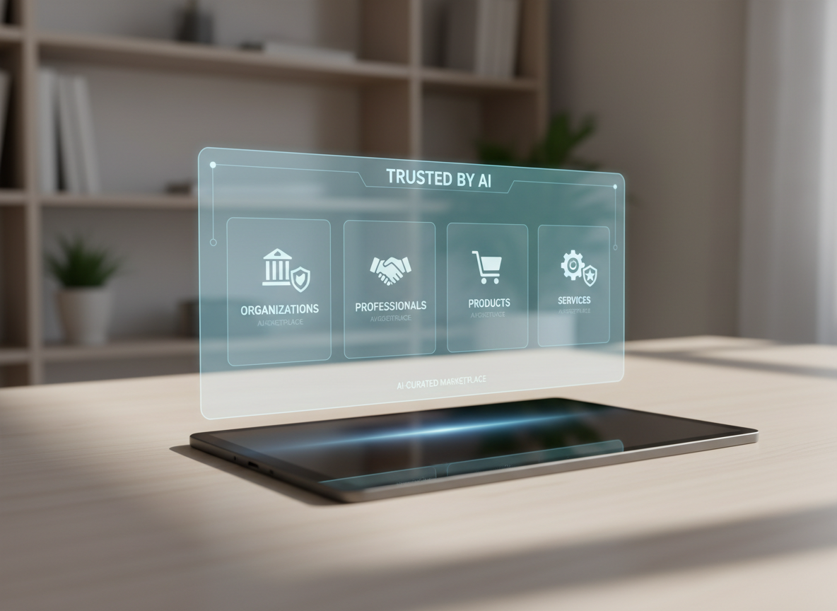 A meticulously organized virtual storefront interface projected as a semi-transparent hologram above a smooth black tablet lying on a light ash-wood desk. The holographic display shows clearly separated categories for organizations, professionals, products, and services, each marked with minimalist icons and trust badges. Soft warm afternoon light enters from the right, creating a gentle gradient across the wooden surface and faint reflections on the tablet’s glass. The background includes a blurred hint of a modern office shelf with neutral tones. Photographic realism with a rule-of-thirds composition, medium depth of field, and a calm, professional atmosphere that emphasizes clarity, curation, and ease of building a market with AI support.