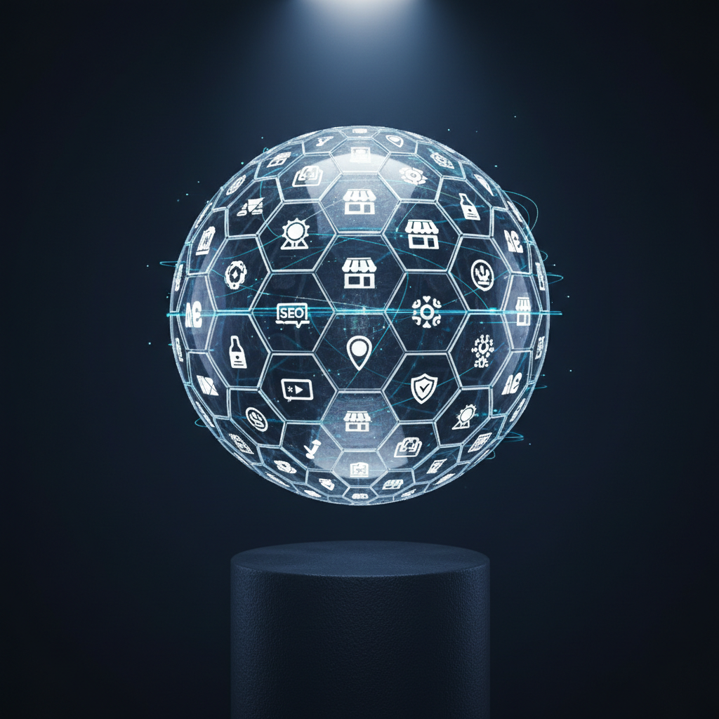 An abstract, glass-like 3D globe composed of interconnected hexagonal panels, each panel displaying tiny icons of storefronts, service badges, and product symbols, floating above a dark graphite pedestal. The globe hovers in a dim, studio setting with a deep navy background, illuminated by cool blue rim lighting and a soft white spotlight from above that reveals reflections and refractions in the glass. Wisps of digital light trails connect the panels, suggesting AI-driven connections and SEO visibility. Photographic style with high contrast and crisp focus, captured at eye level with centered composition. The atmosphere is futuristic, trustworthy, and data-driven, ideal for representing a global virtual marketplace network.